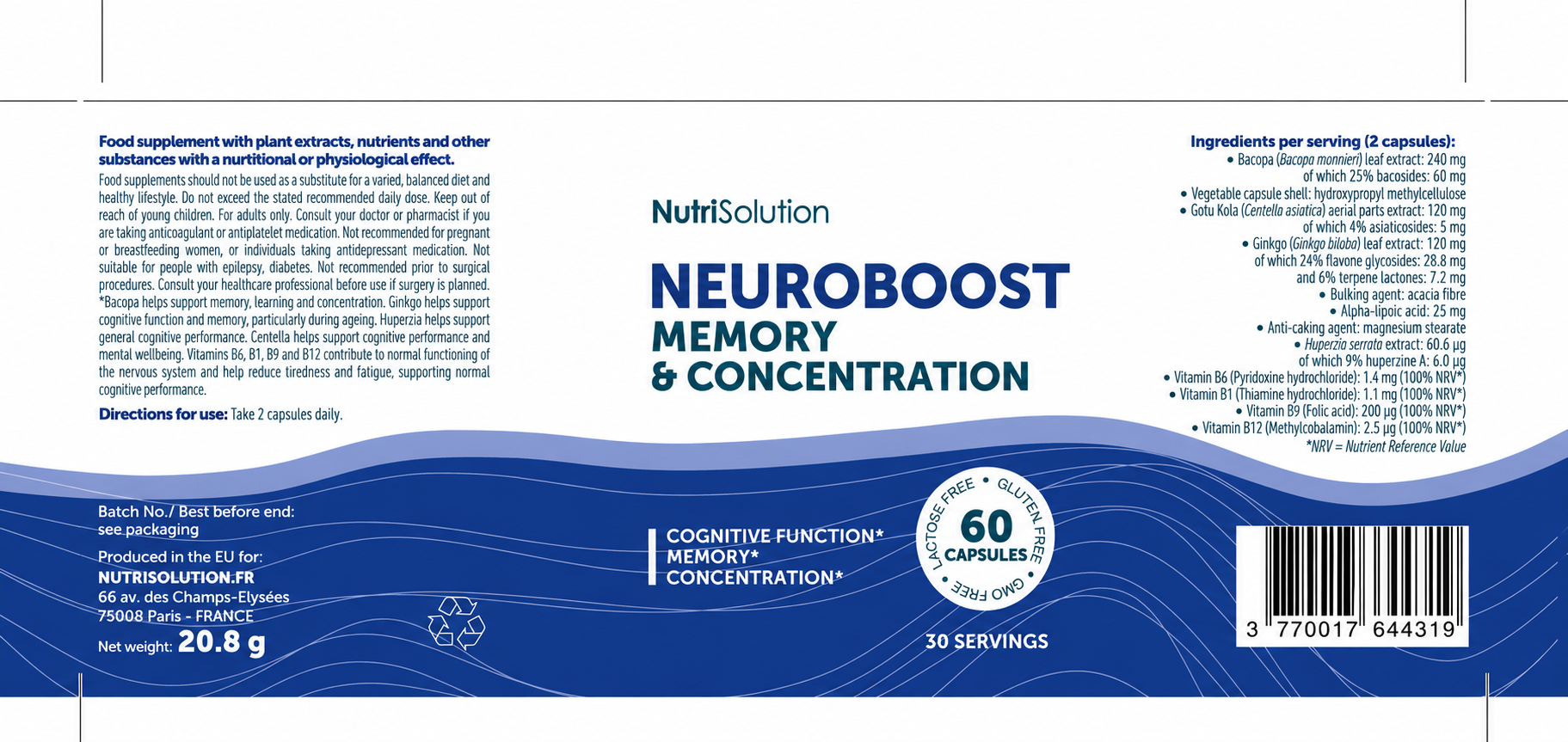 The NutriSolution Neuroboost supplement facts label showing ingredients per serving and warnings